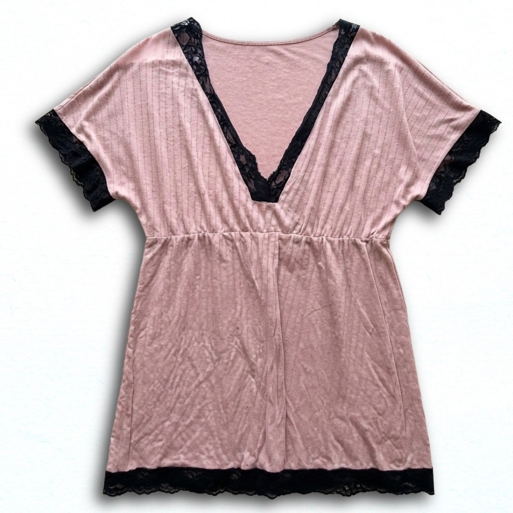 Mauve Pink Ribbed V-Neck Tunic Top with Black Lace Trim Women 1XL Plus Size